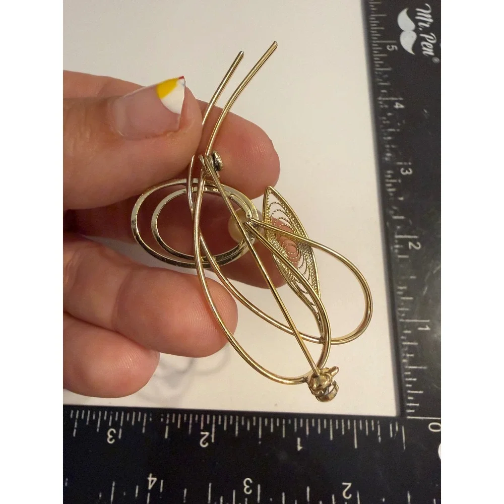 Vintage Gold Tone Abstract Swirl Faux Pearl Filigree Leaf Brooch Pin
